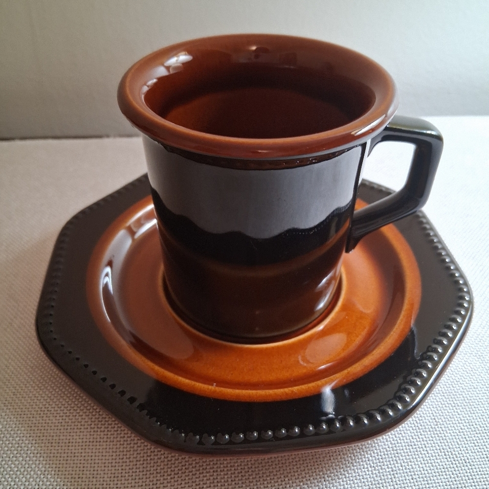 Vtg 70s Sears Ironstone Octagon Amber Cup and Saucer Set Of 8.